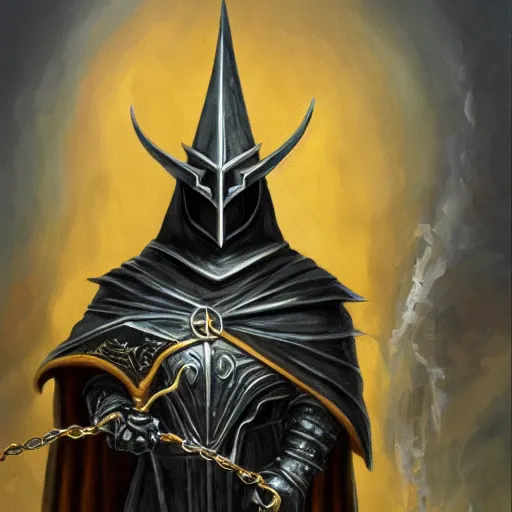 Image similar to an oil painting depicting the Witch King of Angmar, holding gold chains, portrait, high detail, painted my michelangelo, trending on artstation