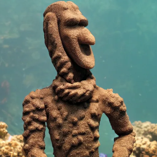 Image similar to rusty statue of handsome squidward in a coreal reef, 4 k