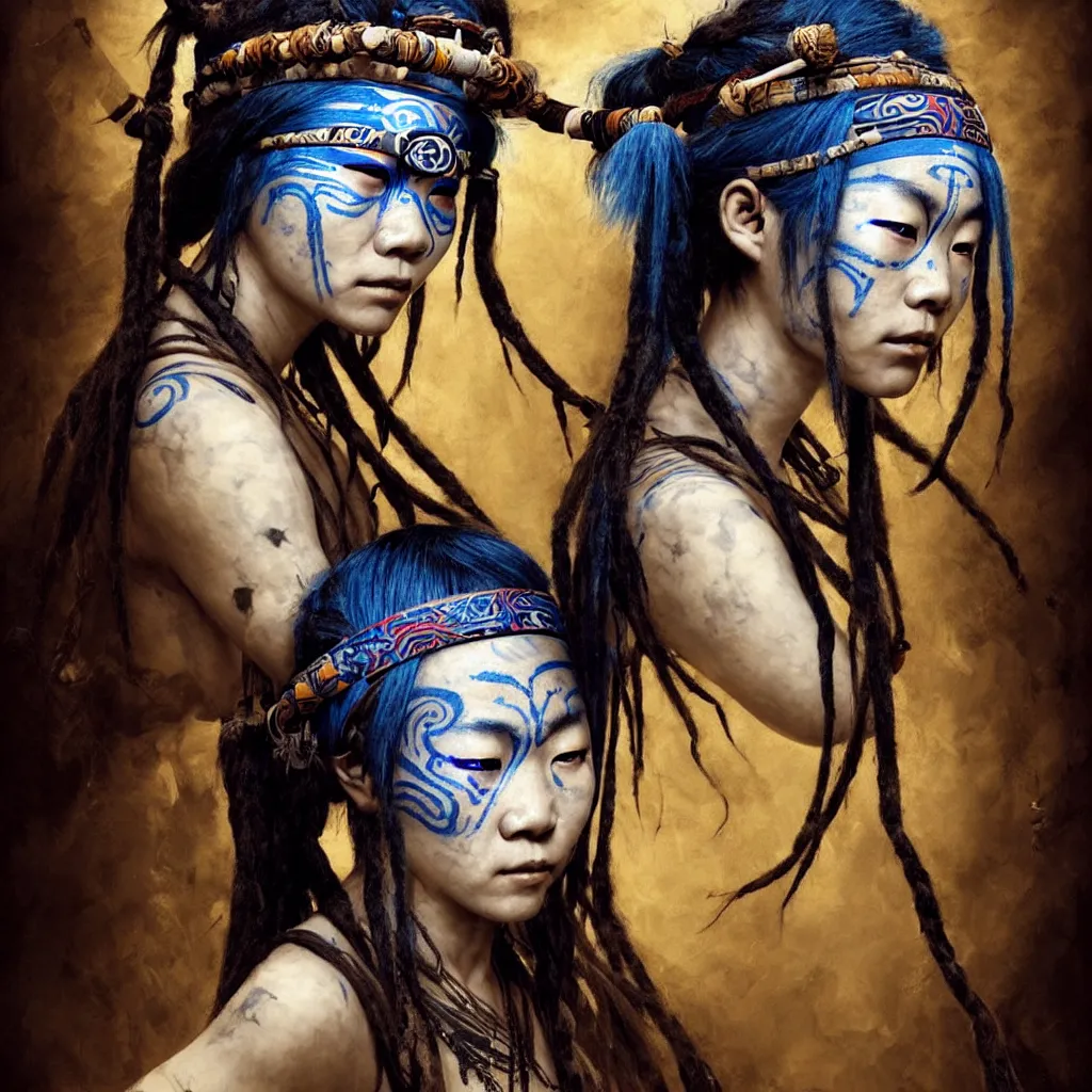 Image similar to A young blindfolded shaman japanese woman with a decorated headband performing a pagan ritual, in the style of heilung, blue hair dreadlocks and wood on her head, tribal piercing and tatoos , atmospheric lighting, intricate detail, cgsociety, ambient light, dynamic lighting, art by karol bak