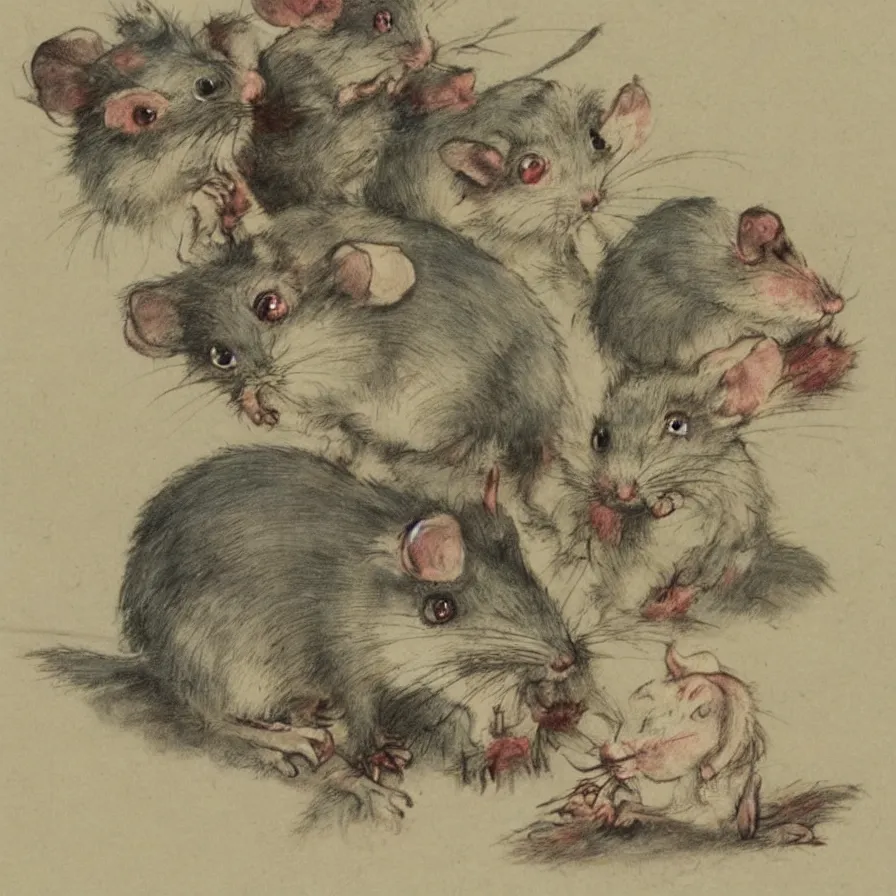 Image similar to Louis Icart, an old elaborate colored drawing of adorable little rats by Louis Icart, highly detailed, masterpiece