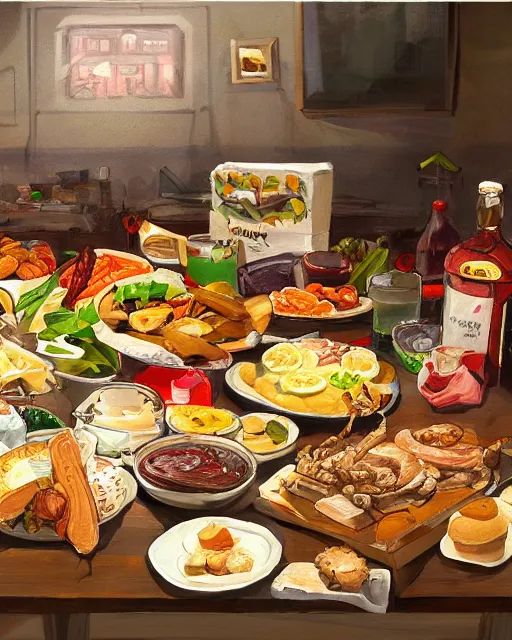 Prompt: a painting of a table full of british foods, concept art by taro yamamoto, pixiv contest winner, auto - destructive art, official art, concept art, pixiv