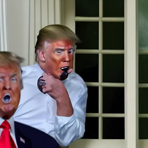 Image similar to a shocking, candid photo of donald trump, smoking crack out of a crack pipe in the white house oval office. photo taken from a window outside the oval office, by a new york times reporter.