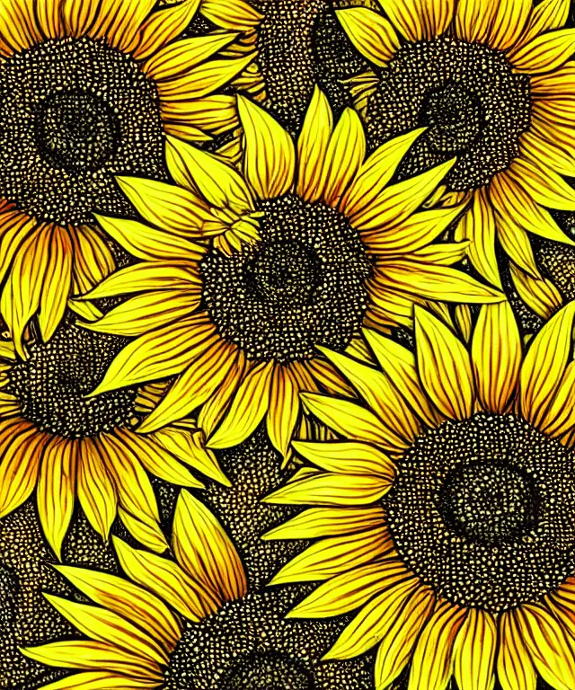 Image similar to perfectly detailed sunflowers, symmetrical, intricate, highly detailed, digital painting, smooth, sharp focus, illustration