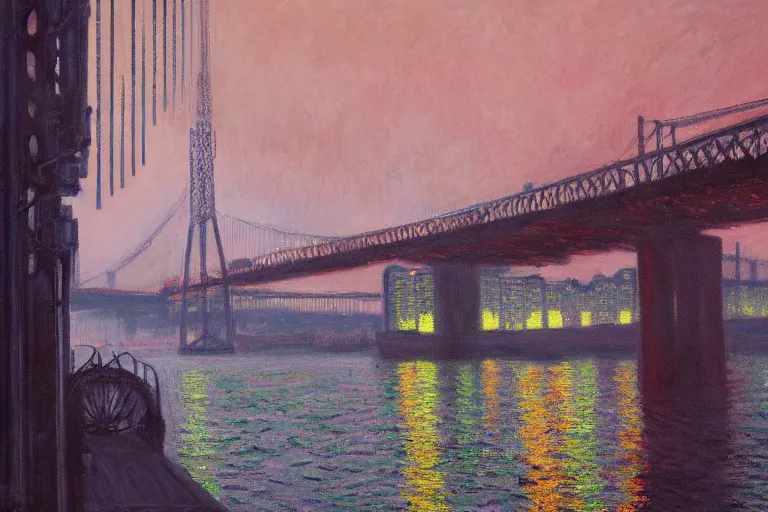 Image similar to Lisbon in 2287, cyberpunk, bridge, dark academia, by Simon Stålenhag and Claude Monet, oil on canvas