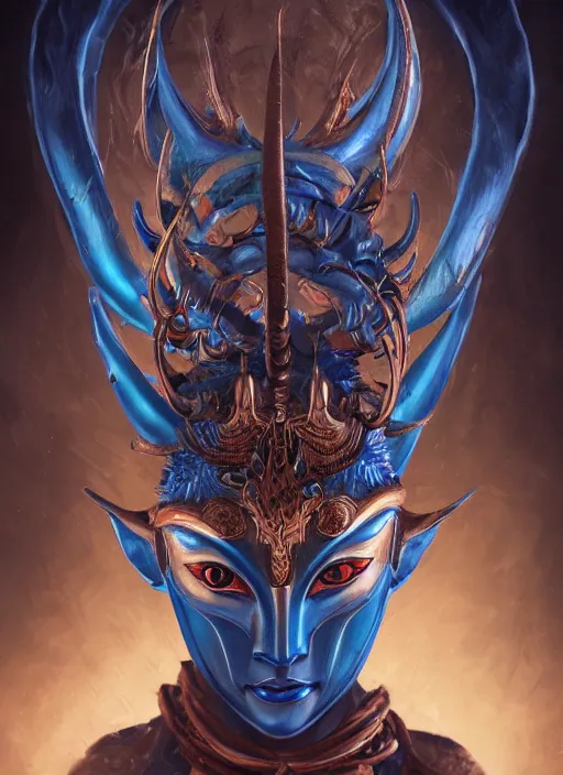 Prompt: a beautiful detailed oil on copper art illustration of a japanese blue devil mask woman, centered, by charlie bowater, zeng fanzh, trending on artstation, dim dusk lighting, cinematic lighting, detailed lighting, volumetric lighting, realistic, f 8, 4 k hd wallpaper