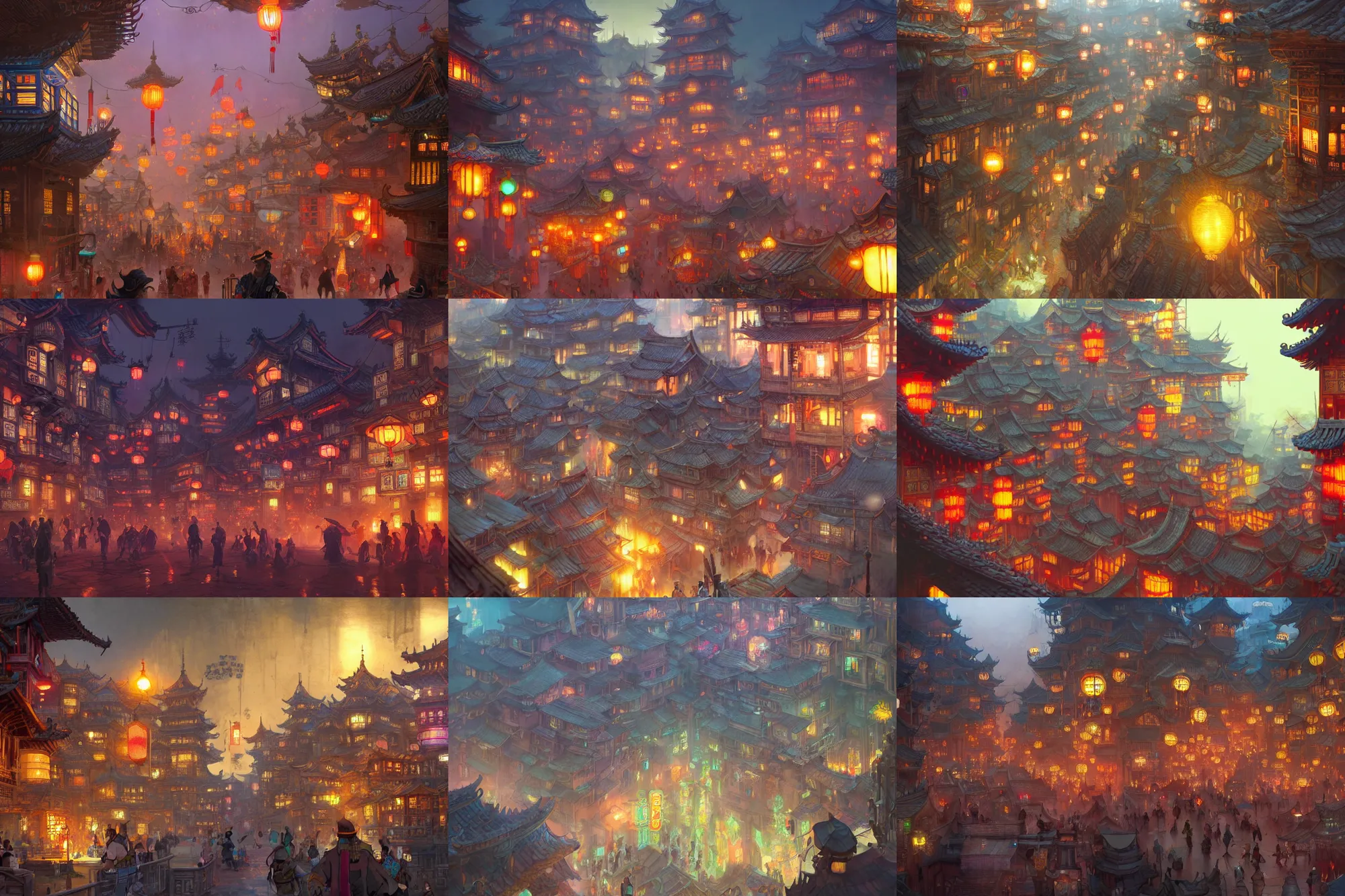 Prompt: village, crowd of people, chinese architecture, steampunk!!!!, infographic with illustrations!!!!, glowing lights, epic fantasy, digital art, highly saturated colors, concept art, detailed illustration, hd, 4 k, digital art, greg rutkowski, studio ghibli trending on artstation