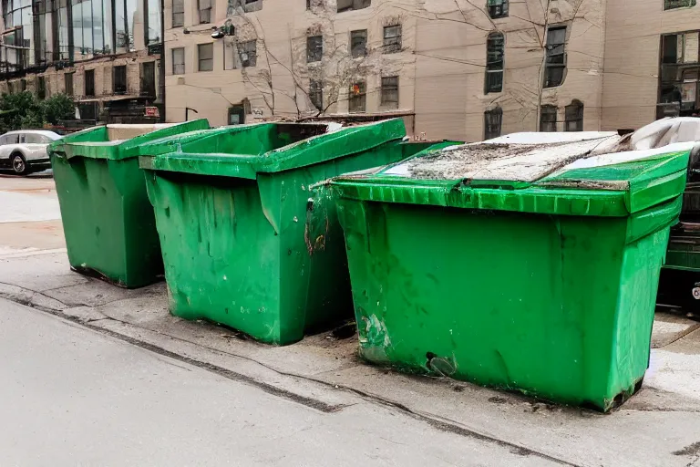 Image similar to two gigantic beat - up, and worn out green dumpsters against a totally white background