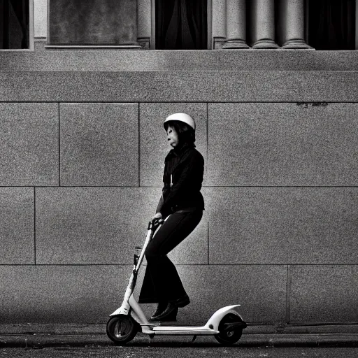 Image similar to a female made out of stone rides a scooter, 5 0 mm lens, f 1. 4, sharp focus, ethereal, emotionally evoking, head in focus, volumetric lighting, 8 k