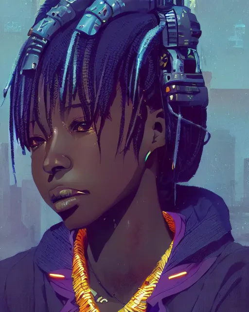 Image similar to kyoto animation, cool african lady wearing cyberpunk intricate warcore, beautiful, detailed portrait, cell shaded, 4 k, concept art, by wlop, ilya kuvshinov, artgerm, krenz cushart, greg rutkowski, pixiv. cinematic dramatic atmosphere, sharp focus, volumetric lighting, cinematic lighting, studio quality