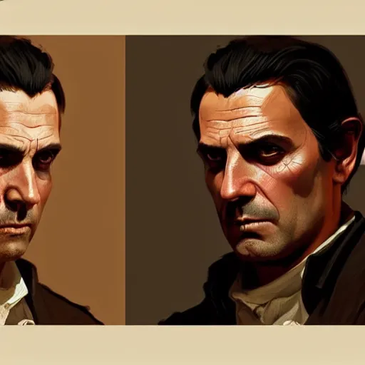 Prompt: clean shaven, tan, middle - aged christian priest with dark hair in dark clothing, two thirds shot, intricate, red dead redemption 2, concept art, highly detailed, digital painting, artstation, oppressive lighting, concept art, sharp focus, illustration, art by greg rutkowski and alphonse mucha