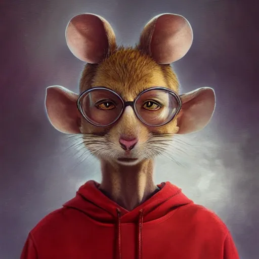 Prompt: 5 5 mm portrait photo of an anthropomorphic mouse wearing a red hoodie and glasses, stefan kostic, art by luis royo. charlie bowater, yuumei, yanjun cheng, rpg portrait, dynamic lighting, fantasy art, highly detailed 8 k. intricate. lifelike. soft light. nikon d 8 5 0. cinematic post - processing