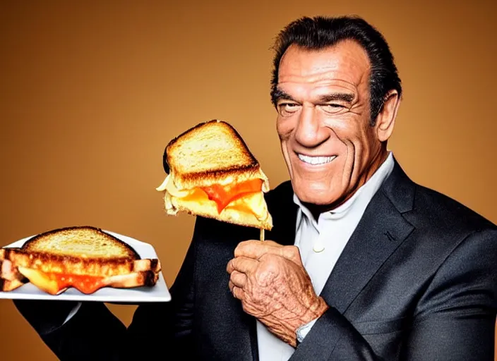 Image similar to studio portrait photo still of robert davi!!!!!!!! at age 5 3 years old 5 3 years of age!!!!!!! holding a grilled cheese, 8 k, 8 5 mm f 1. 8, studio lighting, rim light, right side key light