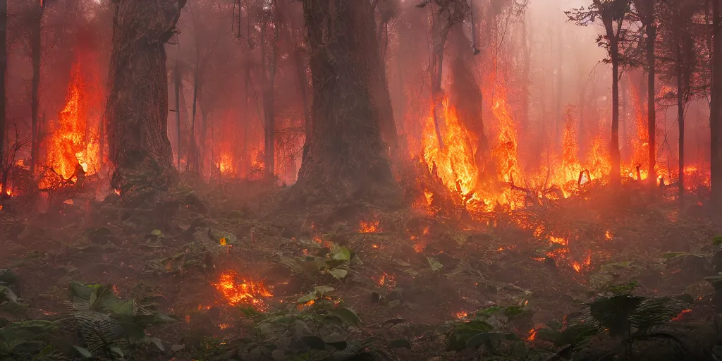 Image similar to A flaming forest , flaming leaves,Magma,flame stones are scattered, flame ferns, flame shrubs, huge flame Fantasy plant,covered in flame porcelain vine, artstation,by Jakub Rozalski, Greg Rutkowski,anthony avon