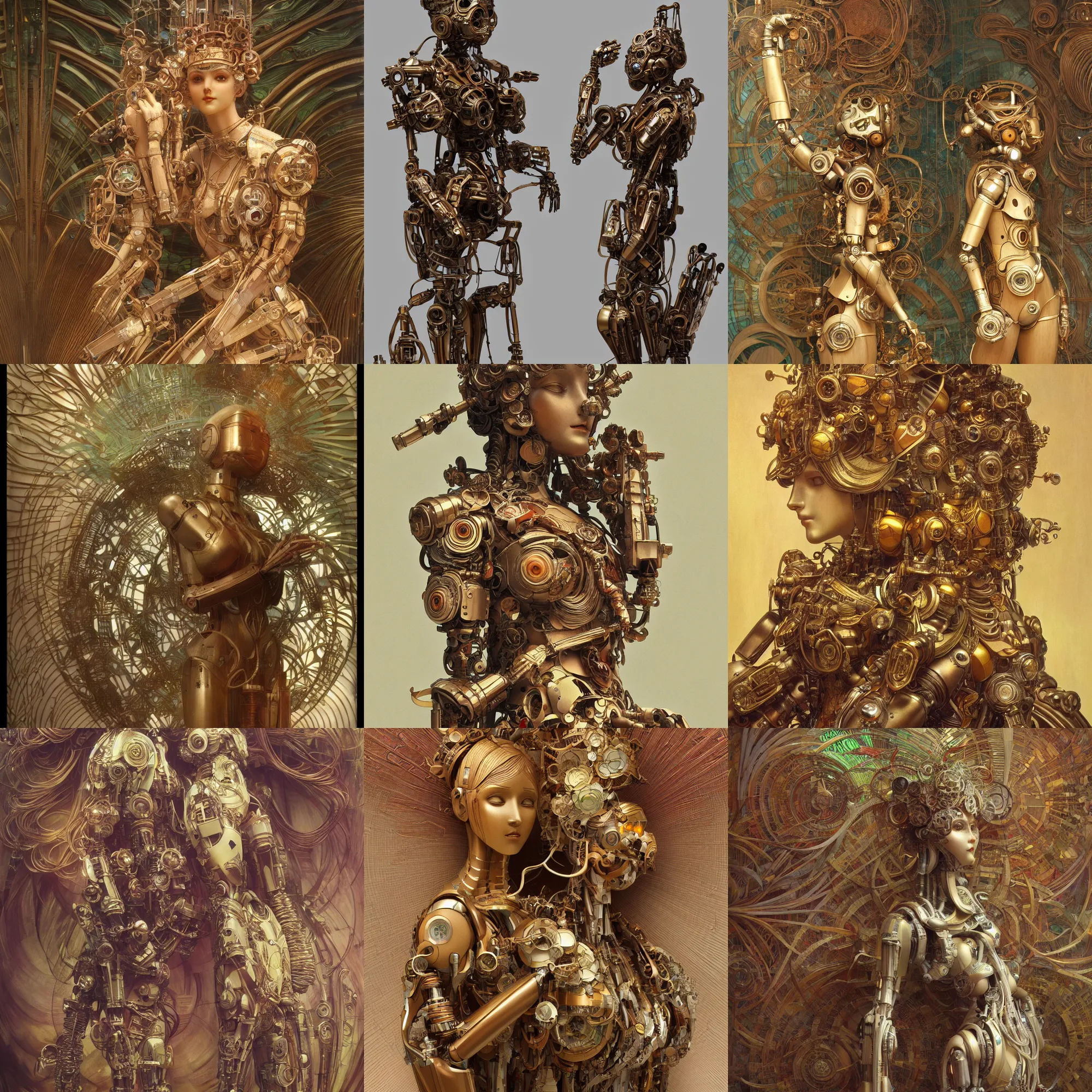 Prompt: octane render ultra photorealistic hyper detailed, intricate a very very sculpture cute wooden mystical statue robot of the roman natural vegetal cyberpunk a contemporary art gallery in neo tokyo artwork alphonse mucha