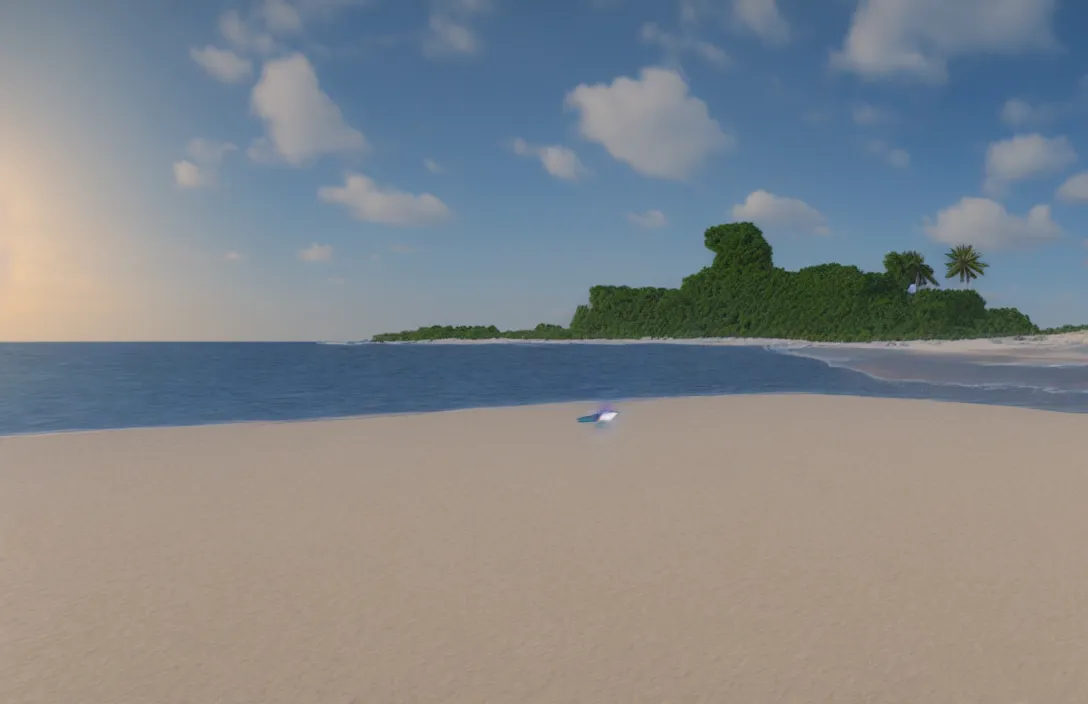 Image similar to on the beach by the sea, afternoon, unreal engine rendering