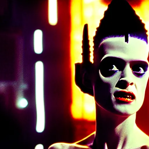 Image similar to cinematic portrait of kristen mcmenamy as bride of frankenstein as a replicant in a busy nightclub, surprised, still from the movie bladerunner, fashion photography, a sign is in the background, 8 k, high detail, face in focus