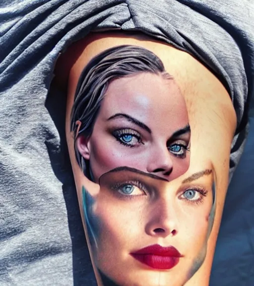 Image similar to tattoo sketch of margot robbie mash up in amazing mountain scenery and nature, double exposure effect, in the style of arlo dicristina, hyper realism, amazing detail, sharp