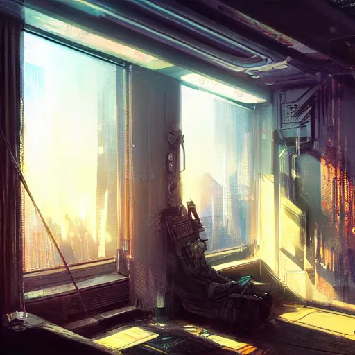 Image similar to cyberpunk living room interior, windows, light rays, buildings, dystoptian, gorgeous view, depth, painted by Seb McKinnon, clouds, tending on artstation