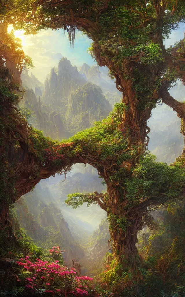 Prompt: beautiful hyper realistic detailed matte painting of fantasy tree of life in garden of eden, hd, hdr, by Moebius and John Howe and Albert Bierstadt and Alena Aenami, cinematic, 8k, ultra detailed, high resolution