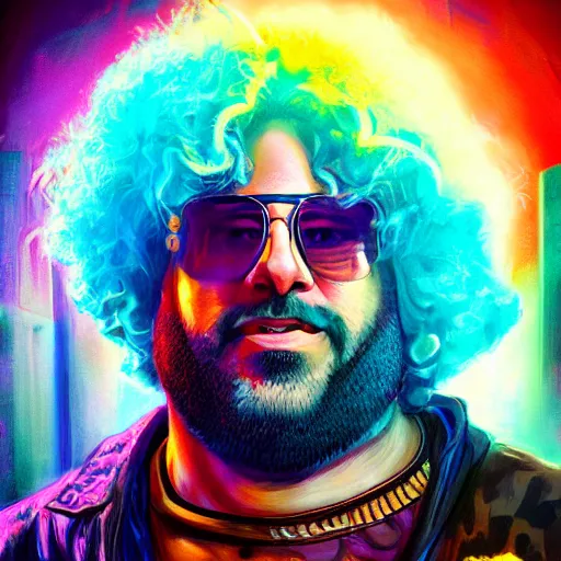 Prompt: highly detailed rony abovitz as jerry garcia, cyberpunk, concept art, character art, studio lightning, bright colors, intricate, masterpiece, photorealistic, hyperrealistic, sharp focus, high contrast, Artstation HQ, DeviantArt trending, 8k UHD, Unreal Engine 5