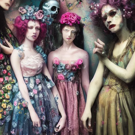 Prompt: 8k, octane render, cyberpunk painting, realism, tonalism, renaissance, rococo, baroque, group of creepy young ladies wearing long harajuku manga dress with flowers and skulls, background chaotic flowers