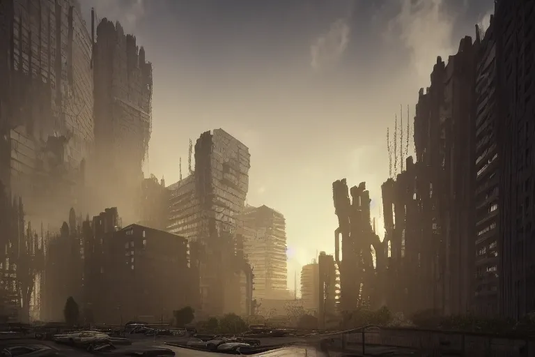 Image similar to streetscape, a towering cathedral of brutalist architecture, buildings covered with greebles, stunning volumetric light, sunset, metal, concrete and translucent material, stunning skies, majestic landscape, trending on Artstation, 8k, photorealistic, hyper detailed, unreal engine 5, IMAX quality, cinematic, epic lighting, in the style of Greg Rutkowski