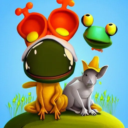 Prompt: a kangaroo and a frog wearing fun hats while sitting on a cloud, funky, retro, 3 d art, artstation