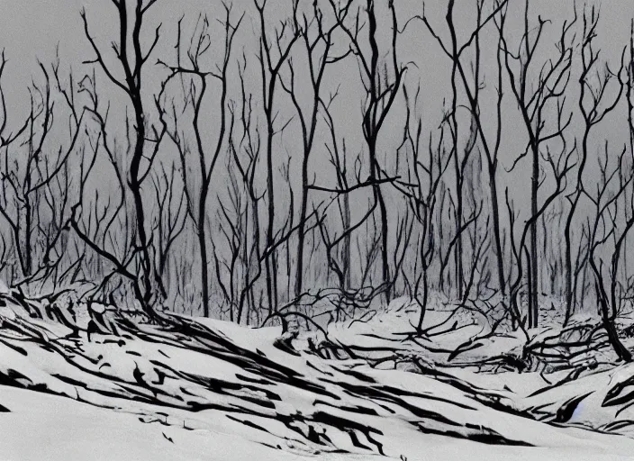 Image similar to stark minimalist charred wooded snowdrift landscape by bill watterson from mulan ( 1 9 9 8 )