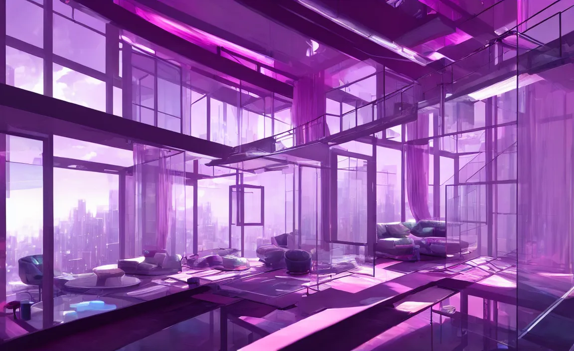 Prompt: a loft lounge with transparent glass, purple and pink color scheme, future science fiction. game cg, hyperdetailed, trending on cgsociety