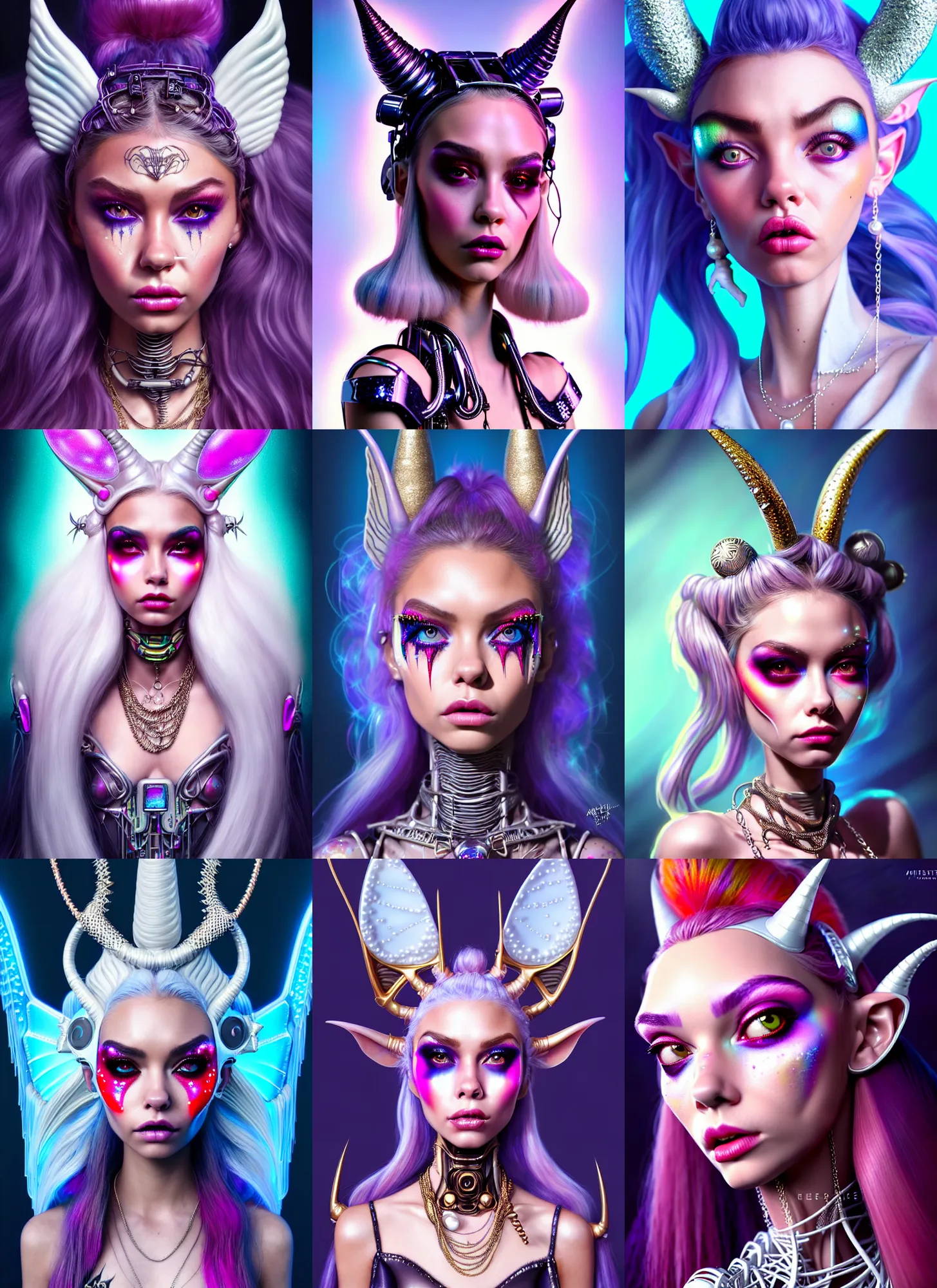 Prompt: disney weta portrait, beautiful gloss porcelain white edm raver clowncore pearl chain horned angel madison beer cyborg woman, bling, sci - fi, fantasy, cyberpunk, intricate, decadent, highly detailed, digital painting, ever after high, octane render, artstation, concept art, smooth, sharp focus, illustration, art by artgerm, loish, wlop