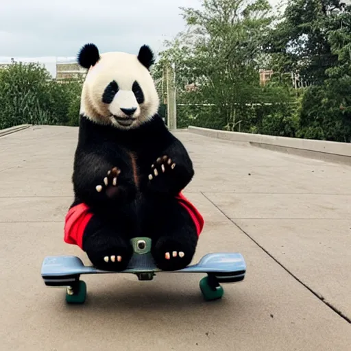 Prompt: Panda wearing a red shirt riding a skateboard