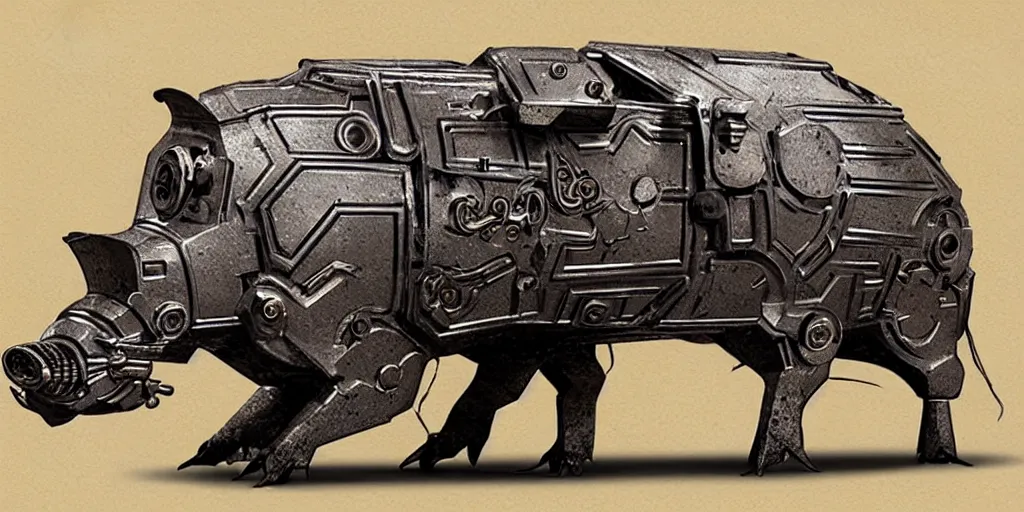 Image similar to concept art for a strong mechanized metal pig machine