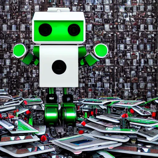 Prompt: marvin white modern robot with triangular green eyes standing on a pile of old computers with a gun in hand sci - fi photorealistic