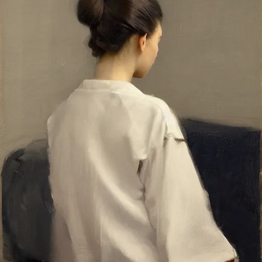 Image similar to girl with pony tail, in kimono, backview, sitting on edge of bed, by jeremy lipking, tim rees, joseph todorovitch, 8 k, sharp, detailed, high quality