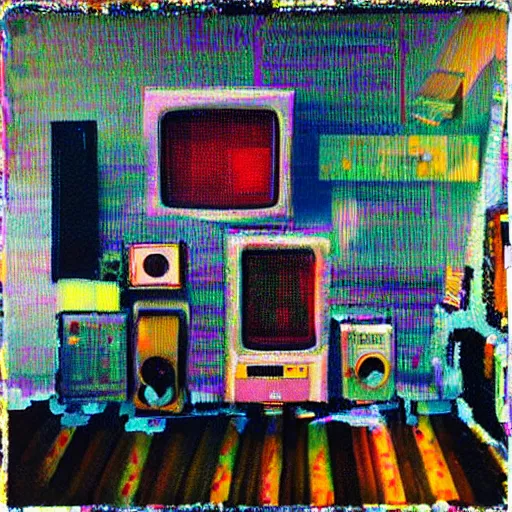 Prompt: made out of fur, array of crt televisions, tv static, antenna, stacked, polaroid, steroids, adult video store, impressionist painting, painting, acrylic painting, cell shaded