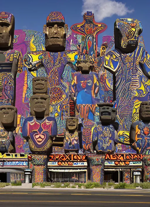 Prompt: legions of moai levitating over las vegas casinos in the style of alex grey