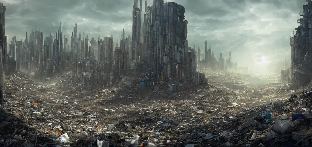Image similar to Abandoned Mega City filled with trash, dystopia, dystopian future, matte painting, digital art, award-winning art, dramatic, sad, trending on artstation, emotional, 8k