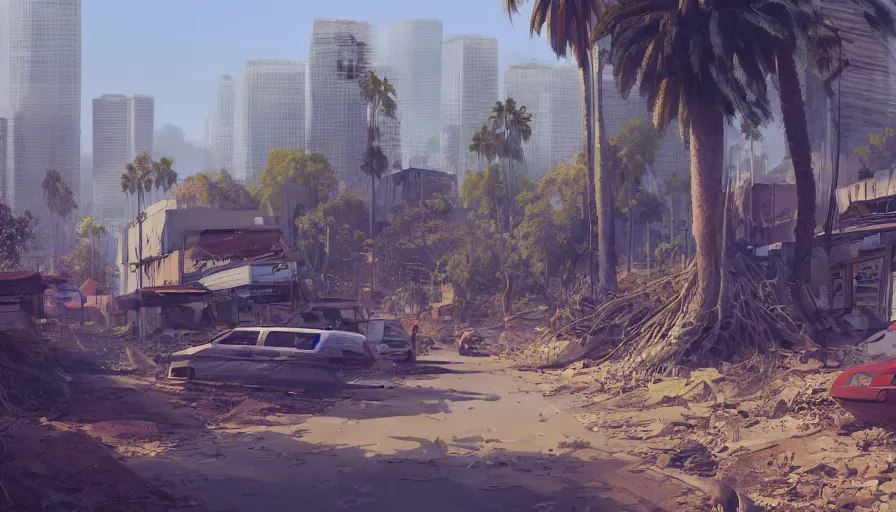 Prompt: Digital painting of the city of Los Angeles abandoned for centuries and covered by vegetations, animals in the streets, sunny day, beautiful, hyperdetailed, artstation, cgsociety, 8k