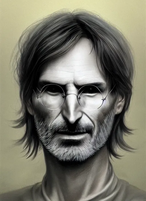 Image similar to Portrait of Steve Jobs, white glowing eyes, silver shaggy hair, cloak, ethereal wings, male, fantasy, extremely detailed, digital painting, artstation, concept art, smooth, sharp focus, illustration, stunning lighting, art by artgerm and greg rutkowski and alphonse mucha and simon stalenhag, realistic character concept, high fantasy, light atmosphere, golden ratio, cinematic lighting, hyperdetailed, high resolution, insanely detailed and intricate, artstation, Marc Simonetti, Greg Rutkowski, 8k