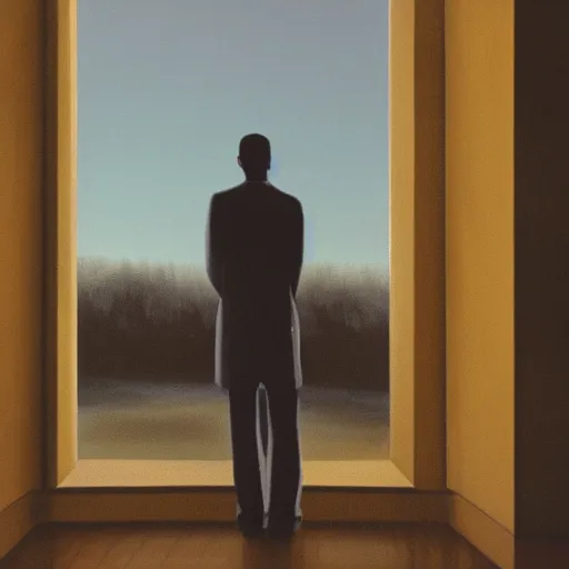 Image similar to man gazing out of window at dusk, hyperreal