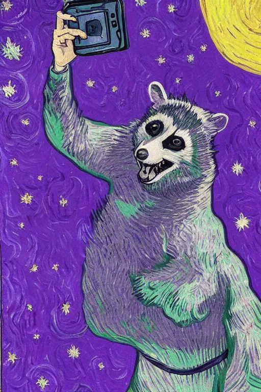 Image similar to selfie laughing purple space racoon by van Gogh style