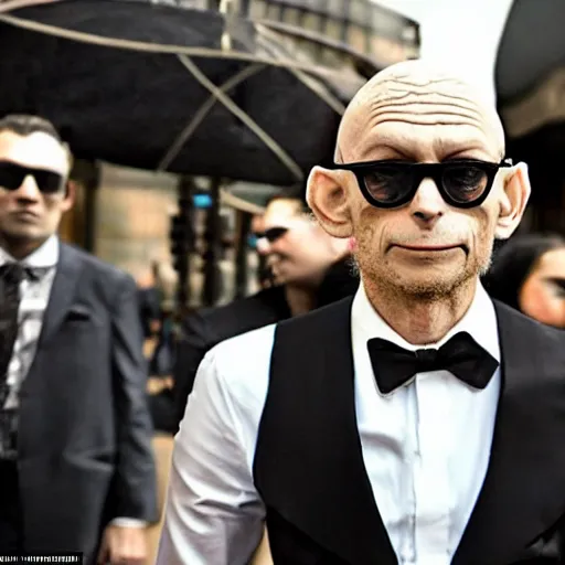 Prompt: award - winning photograph of super stylish and cool gollum wearing dark shades and wearing a handsome suit