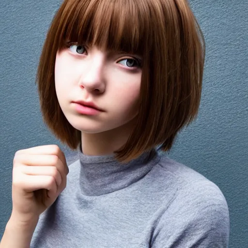 Prompt: front profile of cute teenage girl with Soft Layered Haircut :: natural makeup, stylized lighting, in the style anime