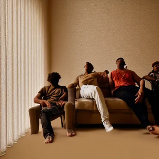 Prompt: gang members chilling around dirty couch in a beige room thick atmospheric dust god tays shines through the blinds jonathan zawada style photography