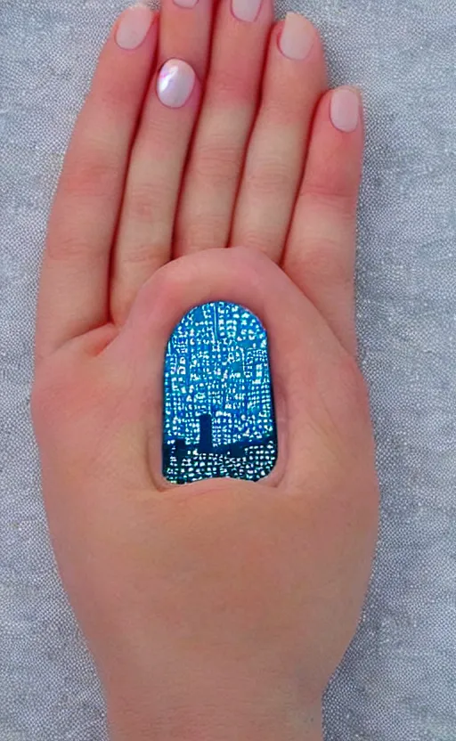 Image similar to fingernail art of tiny glowing cities