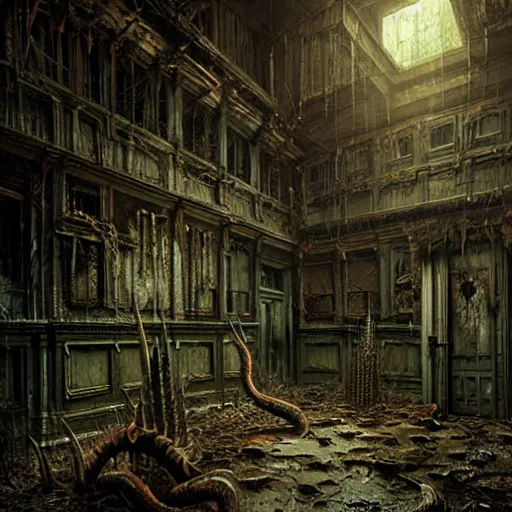 Image similar to bloody demonic snarling eldritch horror creature, many needle spikes, inside an old abandoned house, backlit, extremely detailed digital matte painting by Greg Rutkowski and H.R. Giger