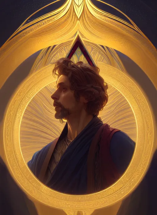 Image similar to symmetry!! portrait of male wizard, high fantasy, golden ratio, glowing lights!! intricate, elegant, highly detailed, digital painting, artstation, concept art, smooth, sharp focus, illustration, art by artgerm and greg rutkowski and alphonse mucha, 4 k