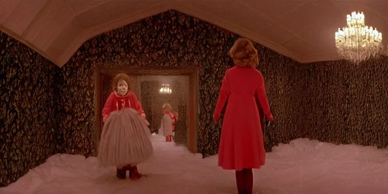 Image similar to photorealistic ultra wide cinematography of danny and wendy torrance from stanley kubrick's 1 9 8 0 film the shining, walking inside and navigating through the hedge labyrinth outside overlook hotel shot on 3 5 mm eastman 5 2 4 7 film by the shining cinematographer john alcott shot on a wide kinoptik tegea 9. 8 mm lens. with golden ratio composition