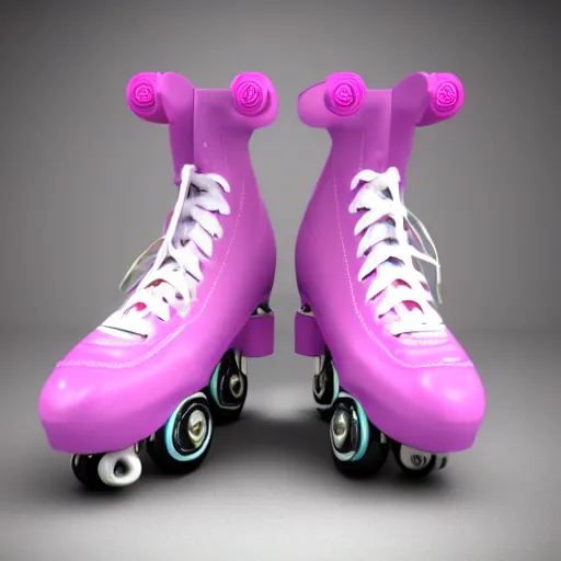 Image similar to a pair of white retro! roller skates with cyan wheels on a pedestal!! in an empty white room, octane render, 3 d, pink lightning, neon!! light