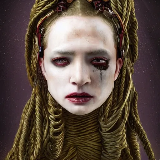 Image similar to portrait of a Shibari rope wrapped face and neck, headshot, insanely nice professional hair style, dramatic hair color, digital painting, of a old 15th century, young cyborg Rubber Nun, amber jewels, baroque, ornate clothing, scifi, realistic, hyperdetailed, chiaroscuro, concept art, art by Franz Hals and Jon Foster and Ayami Kojima and Amano and Karol Bak,